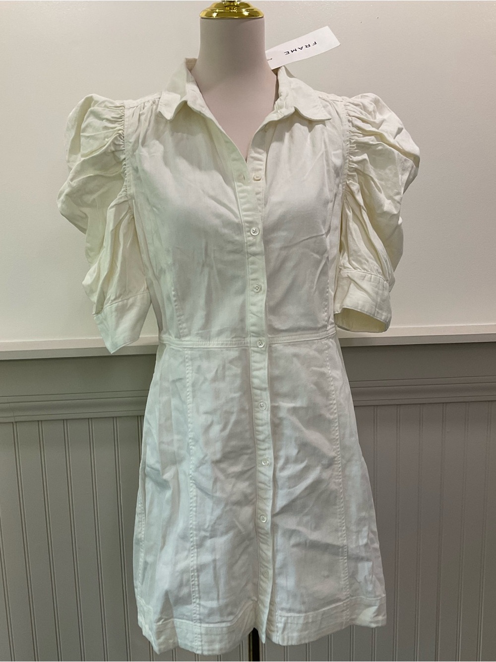 FRAME Gillian Puff Sleeve Shirt Dress Ecru White Cotton NWT Large
